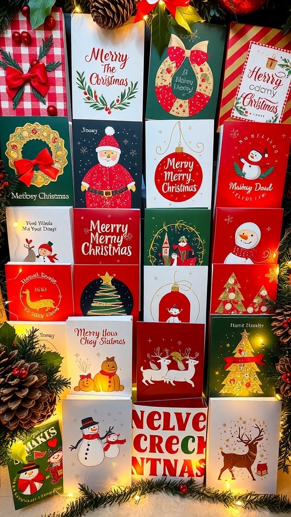 A collection of Christmas cards with festive designs and decorations.